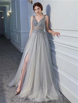 Picture of Sliver Grey Beaded Tulle V-neckline Long Evening Dresses with Leg Slit, Tulle Formal Dresses Party Dresses